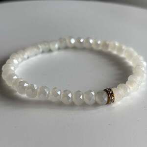 White Faceted Crystal Bead Stretch Bracelet with Rhinestone Accent